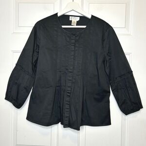 Katherine New York Vintage‎ Black Pleated Front 3/4 Sleeve Button Up Shirt Top M